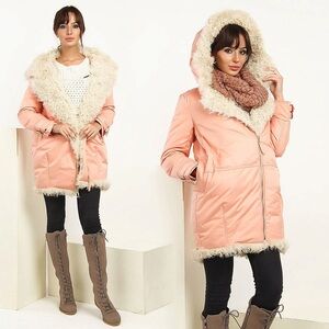 Women's Pink Hooded Coat with Fur Trim